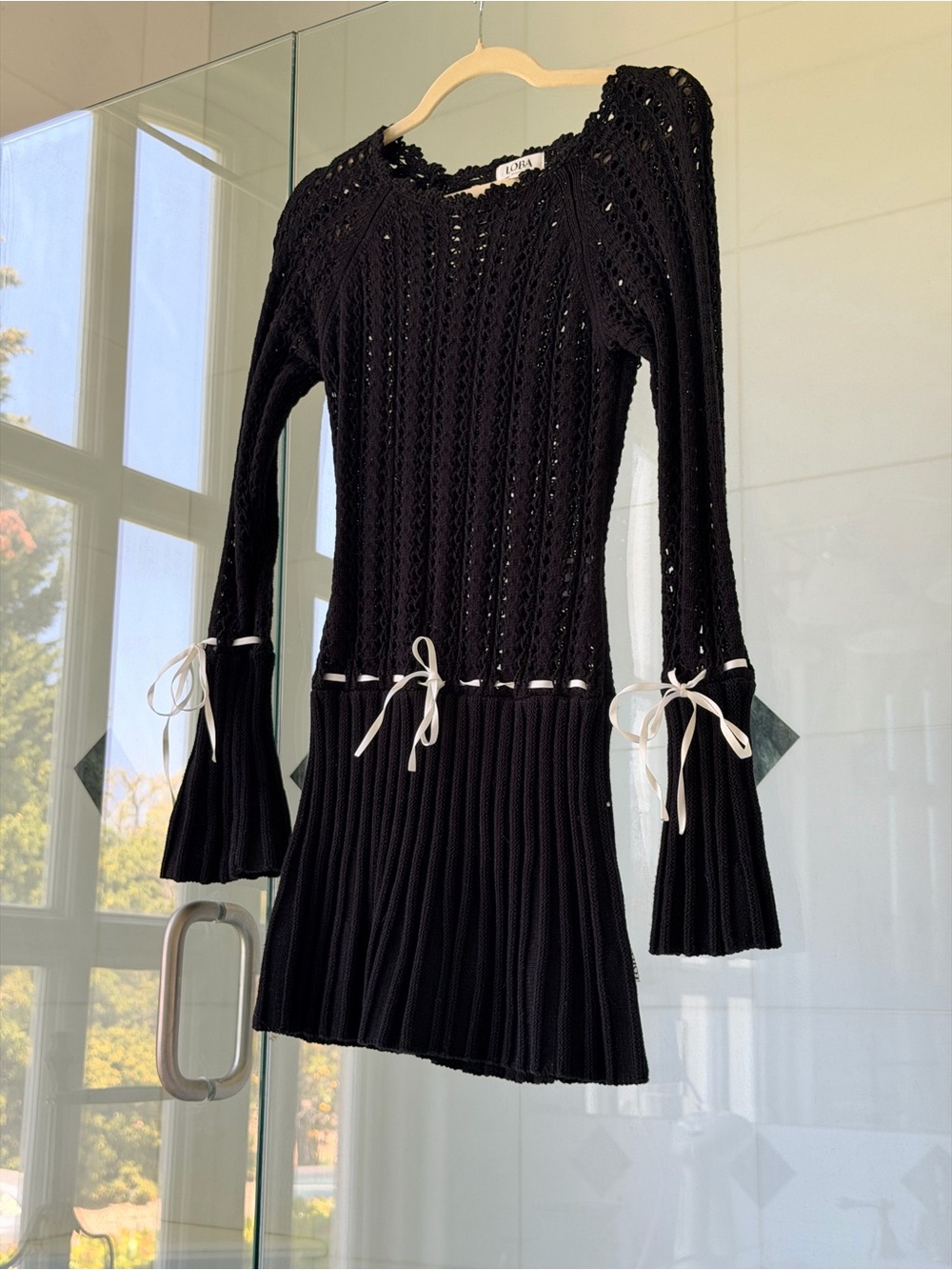 Black Crochet Mini Dress with Ribbon Detail